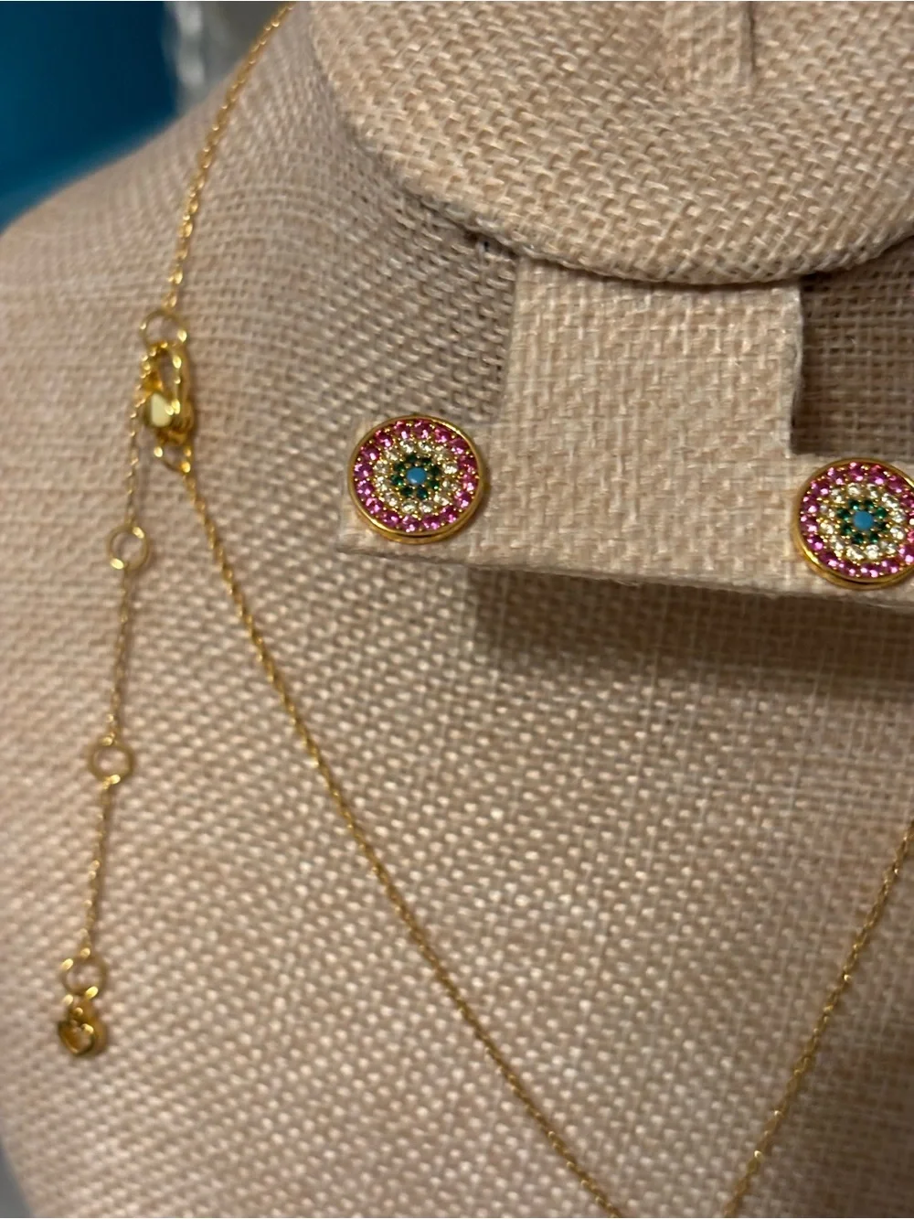 kate spade Gold Necklace and Earring Set with Pink and Green Crystals